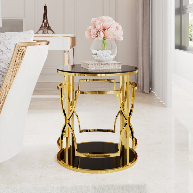 19.7' Luxury Gold Round Side Table with Tempered Glass Top & Storage Shelf, Modern Glam End Table with Metal Frame for Living Room, Bedroom, Sofa Side, Small Space Accent Table