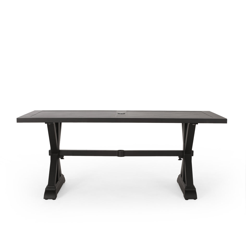 Antique Matte Black Outdoor Dining Table with Aluminum Frame and X-Shaped Legs