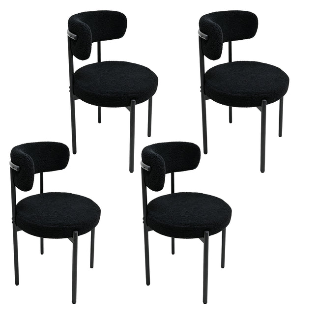 Medieval modern dining chair set, 4 pieces, round seat cushions, black metal legs, curved back kitchen dining chairs, suitable for restaurants and dining rooms, biack