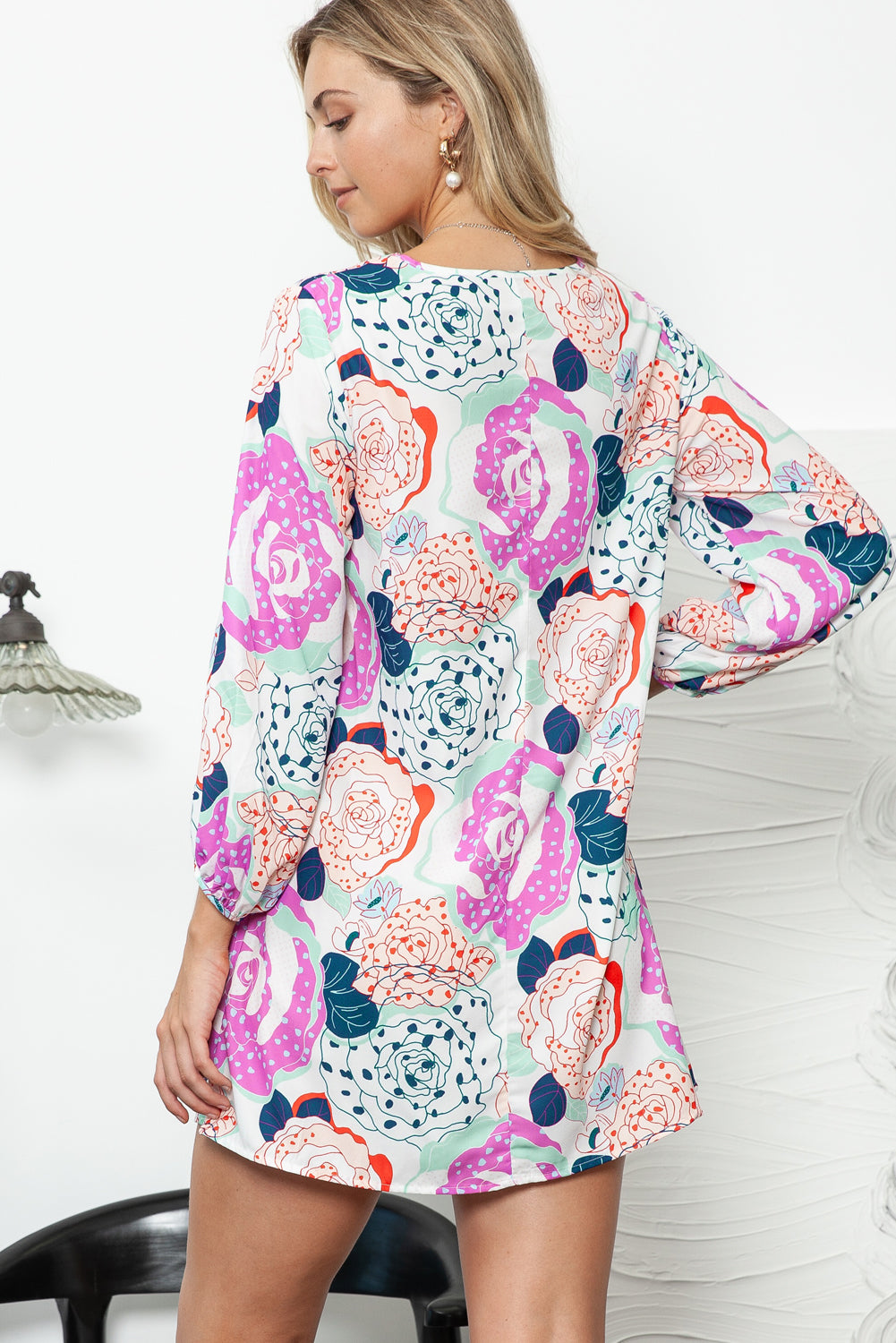 Multicolor Floral Print V Neck Bohemian Tunic Dress - Eloy Royal