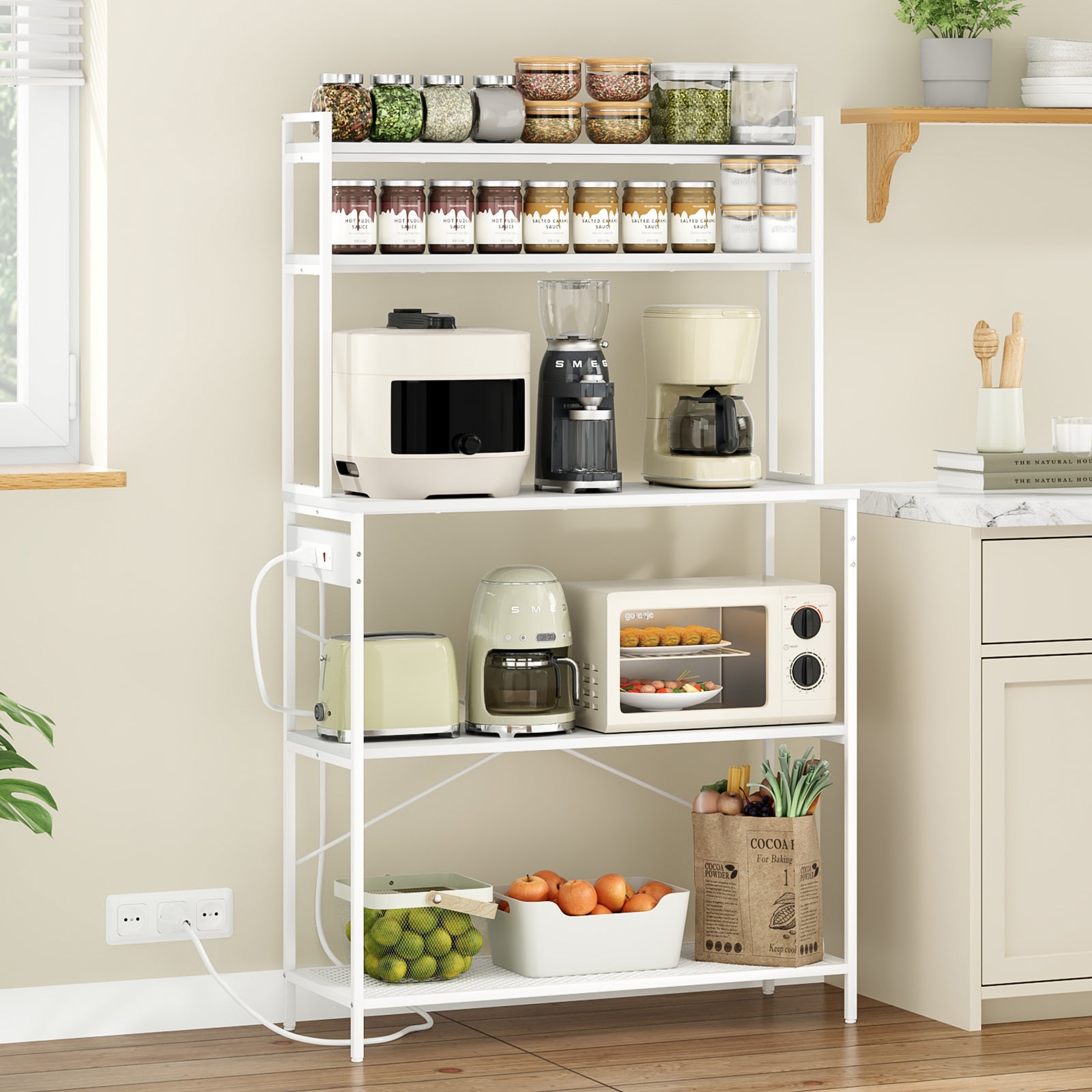 Large 5-Tier Bakers Rack with Electrical Outlets, 39 Inch Microwave Stand & Coffee Bar, Kitchen Storage Shelf for Home, Counter Space Organizer