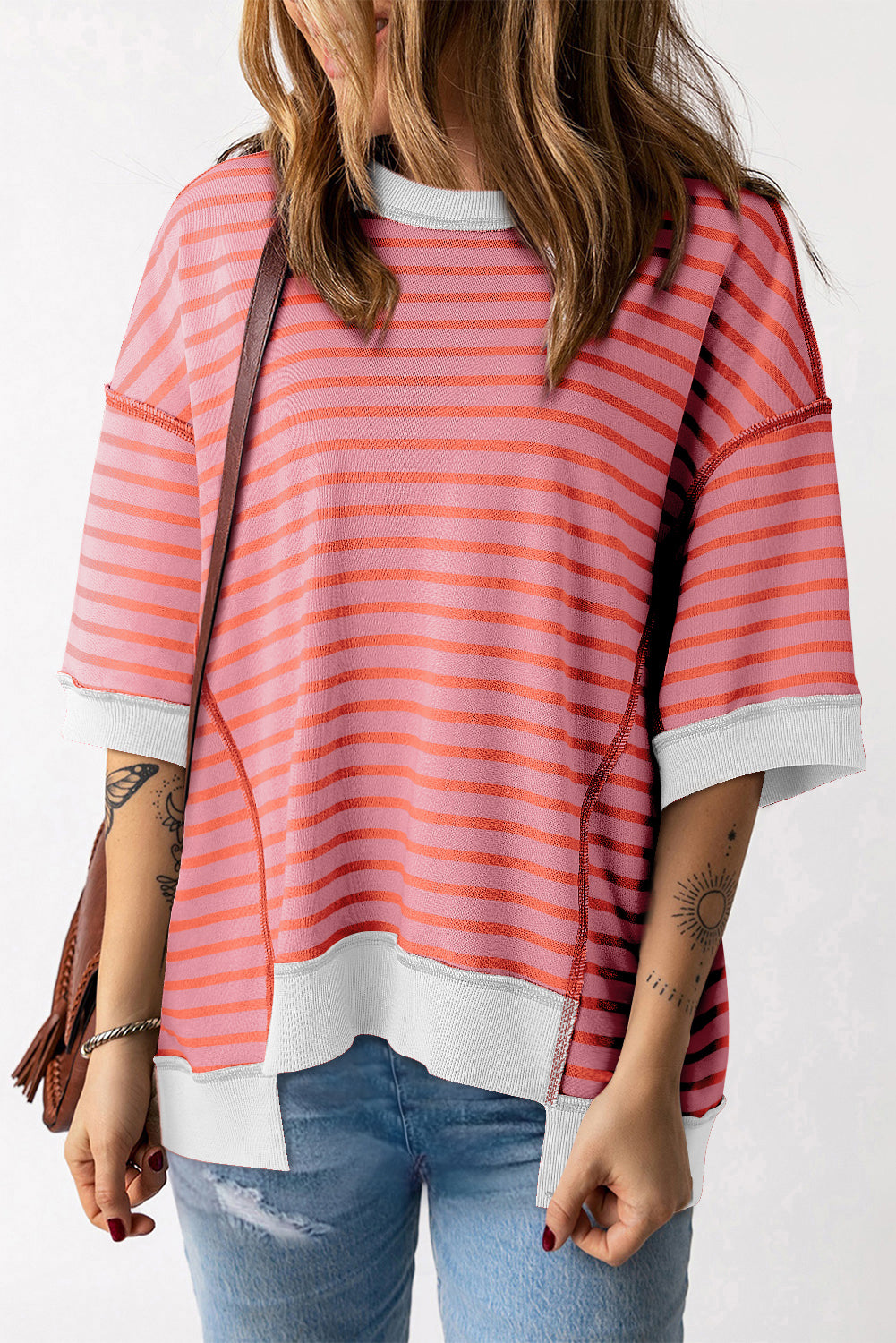 Pink Stripe Colorblock Drop Sleeve Loose Top - Eloy Royal