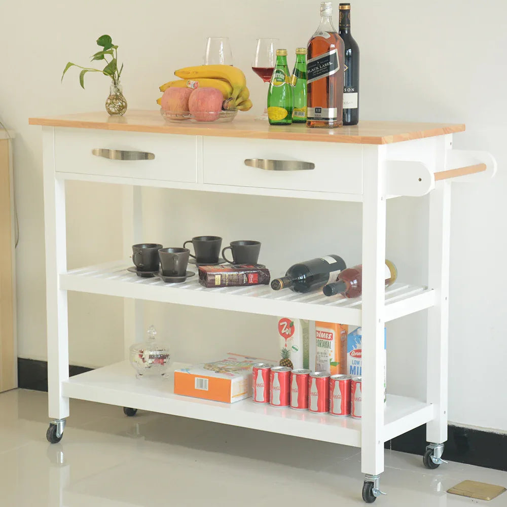 Kitchen Island & Kitchen Cart, Rubber Wood Top, Mobile Kitchen Island with Two Lockable Wheels, Simple Design for Easy Storing and Fetching, Two Drawers Give Unique Storage for Special Utensil. - Eloy Royal