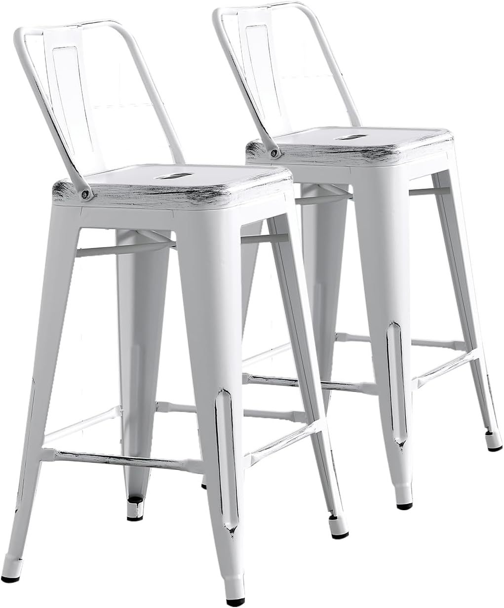 Modern Light Weight Industrial Contemporary Rustic Vintage Costal Metal Barstools with Bucket Back and 4 Leg Design, Seat Bar Stools (Set of 2) (30' Seat, Distressed White)