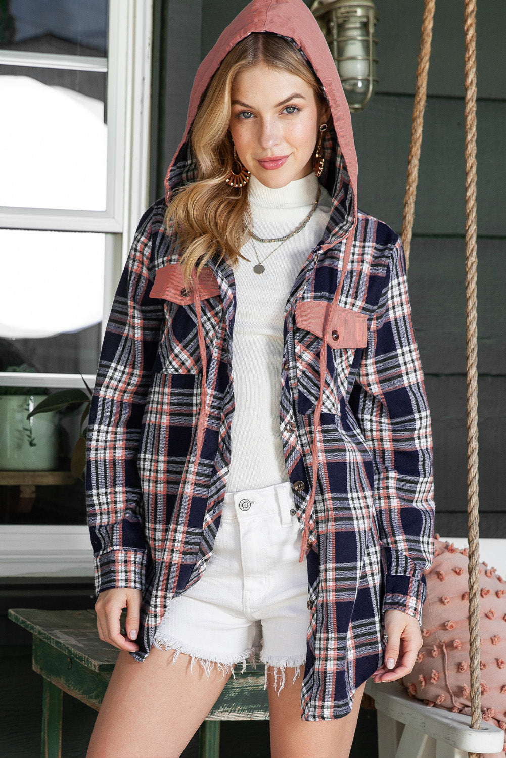 Wholesale Pink Plaid Contrast Hooded Drawstring Shacket - Eloy Royal