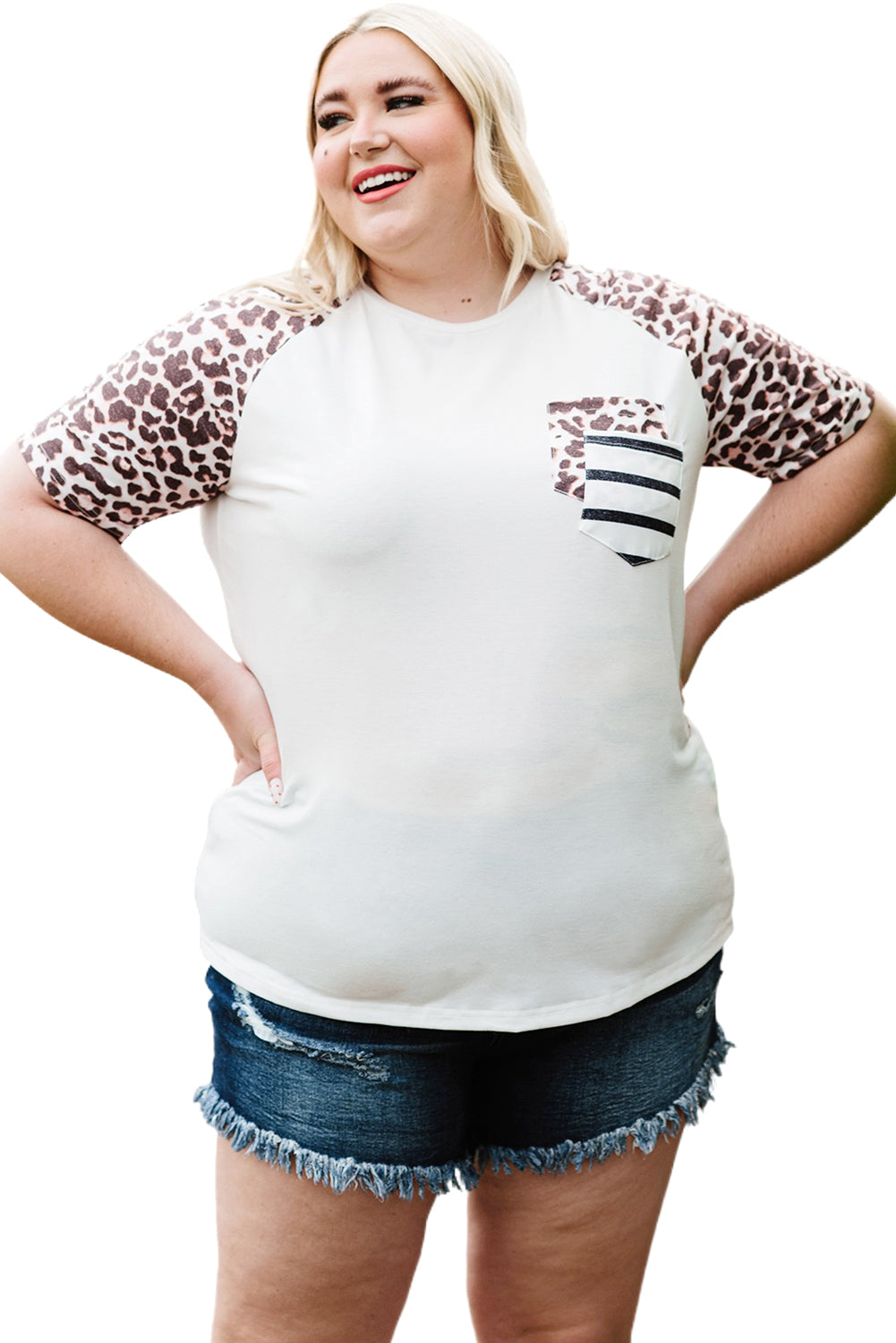 White Leopard Striped Double Pocket Plus Size Tee - Eloy Royal