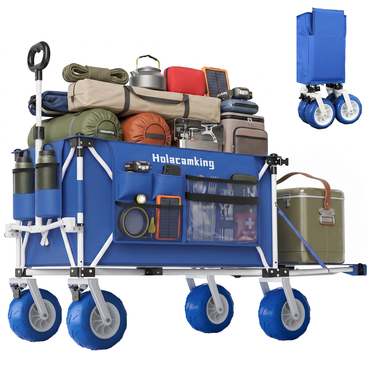 360L Beach Wagon with 59' Expandable Tailgate, 520lbs Heavy Duty Beach Cart with 9'' Wheels for Sand, Collapsible Folding Wagon with Side Pocket for Outdoor, Blue