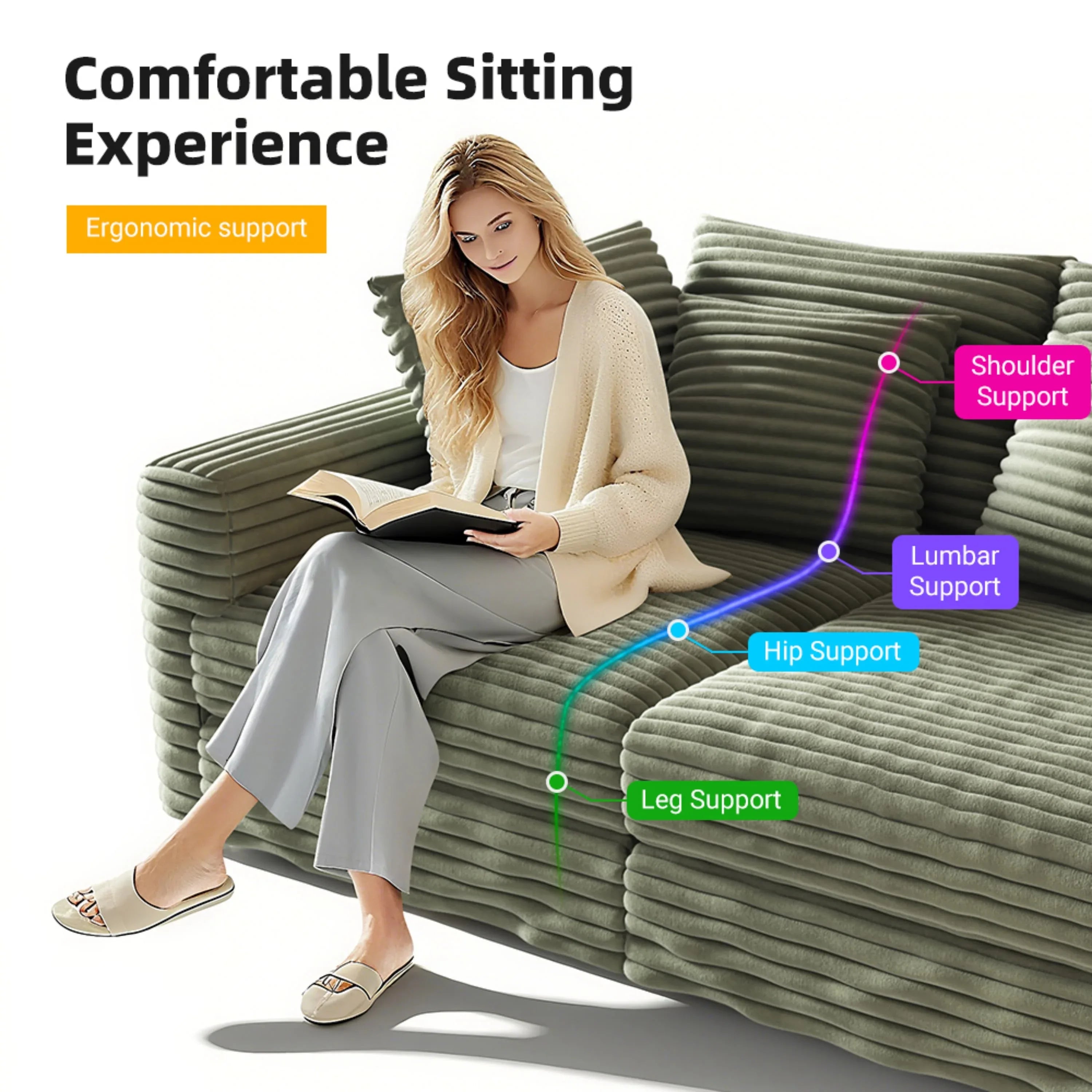 82.7 'Plush Corduroy 3-Seat Sofa,Modern Comfy Upholstered Sofa Cloud Couch,Deep Seat Couches with Soft Pillows and 3 Ottomans,Convertible Sofa Lounge Chair,Green - Eloy Royal