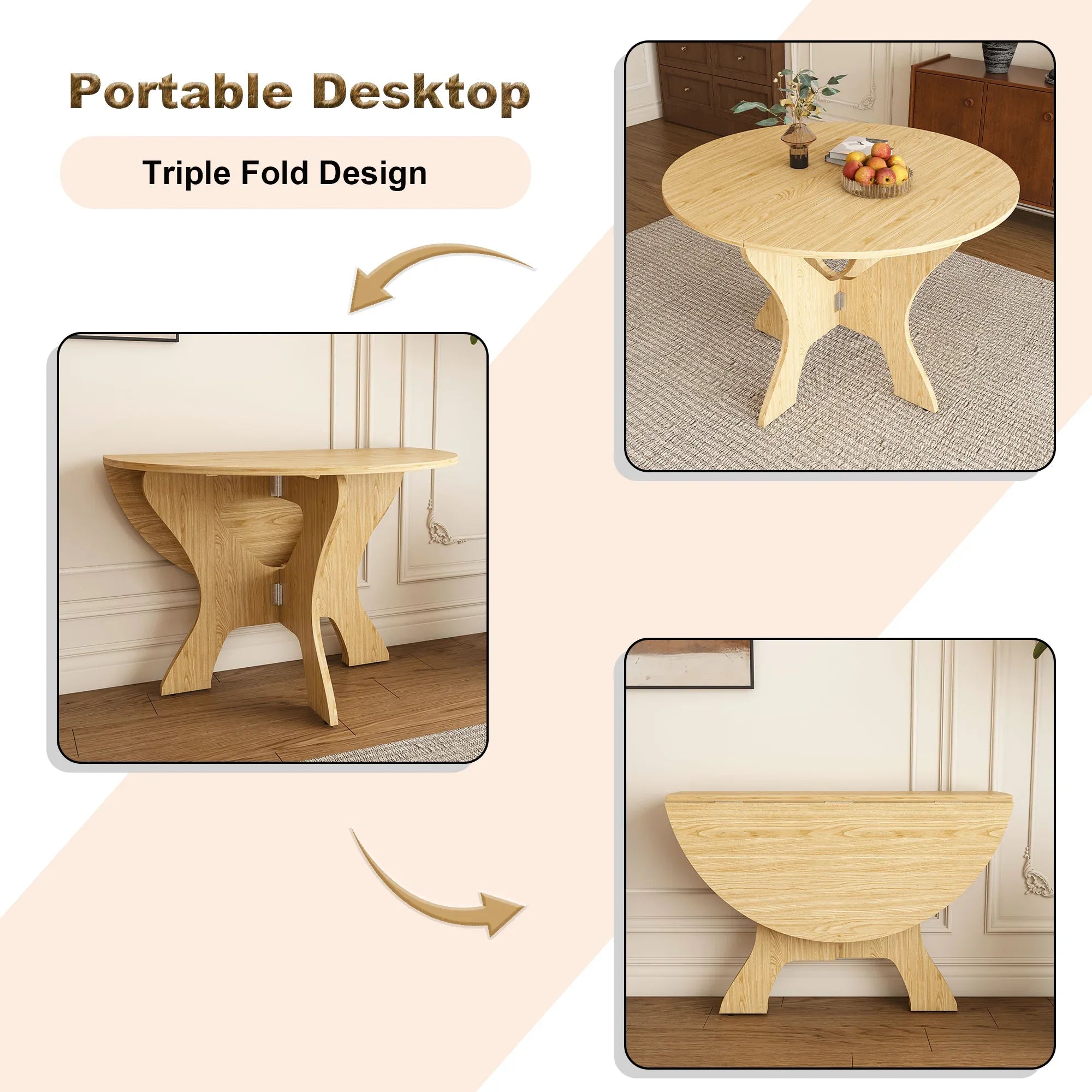 43 in Folding Dining Table for Small Spaces, MDF Table with Wild Oak Veneer, Space Saving Foldable Kitchen Table for Indoor and Outdoor Use - Eloy Royal