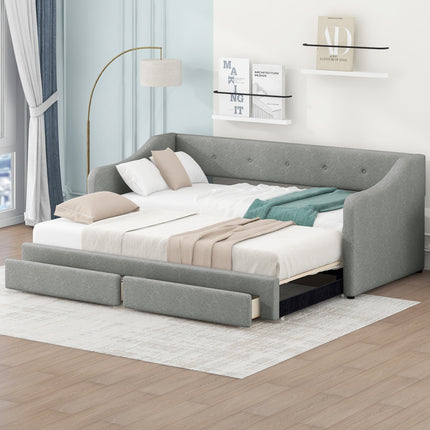 Twin XL to King Size Upholstered Daybed with Two Drawers, Gray