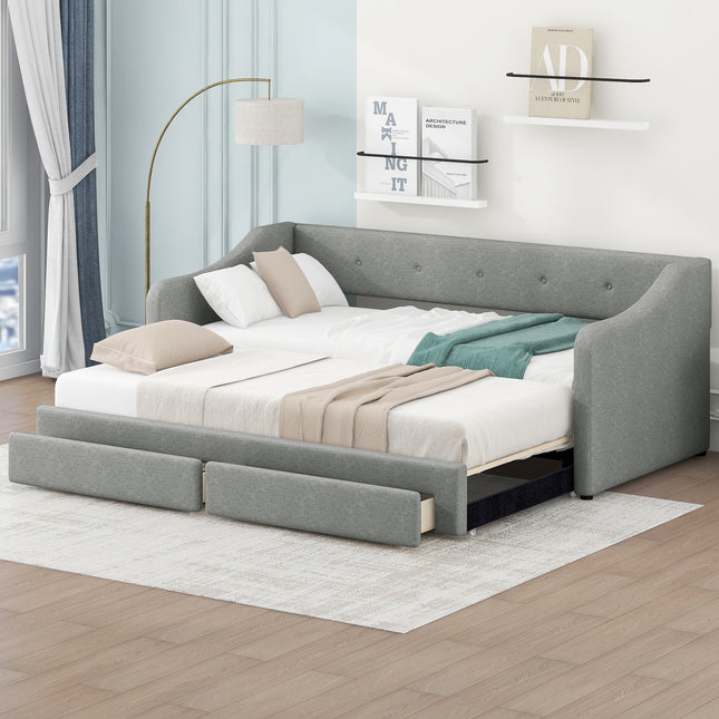 Twin XL to King Size Upholstered Daybed with Two Drawers, Gray