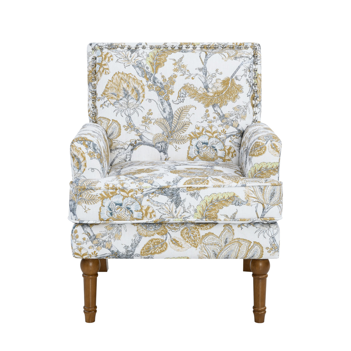 Floral Accent Armchair with Nailhead Trim, Earthy Yellow Fabric, Solid Wood Legs, Farmhouse Style Upholstered Side Chair