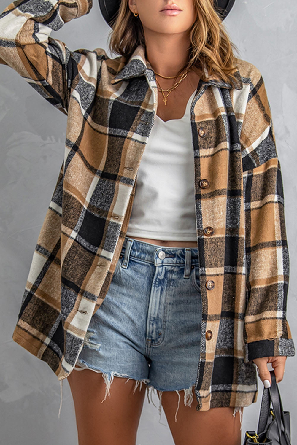 Orange Plaid Button Up Long Sleeve Flannel Shacket - Eloy Royal