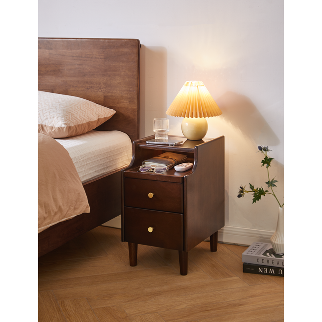 Solid Wood Nightstand with Two Drawers and Pull-out Panel Storage Bedside Table and Sofa Side Table