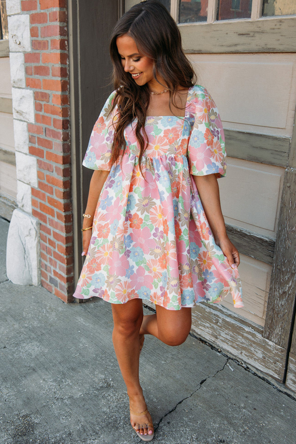 Rose Summer Floral Square Neck Puff Sleeve Babydoll Dress - Eloy Royal