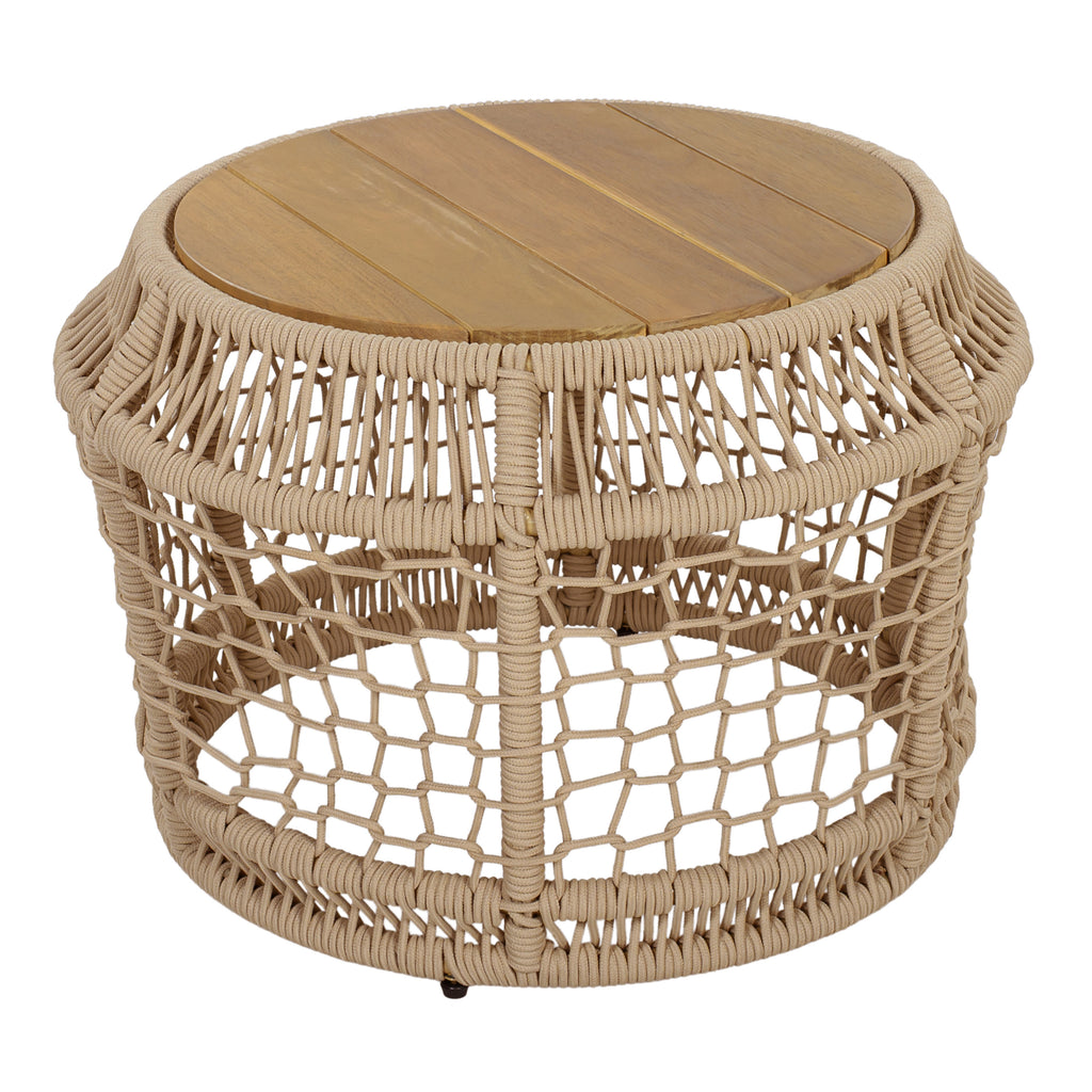 Round Acacia Wood Side Table with Light Beige Woven Rope Frame, Teak Finish Top, 150 lbs Capacity, No Assembly Required, Weather-Resistant Accent Table for Patio Backyard Living Room