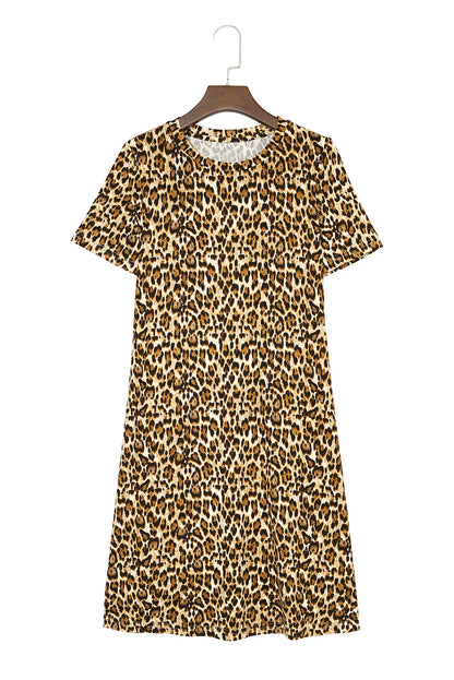 Casual Short Sleeve A-Line Crewneck Leopard Print Dress - Eloy Royal