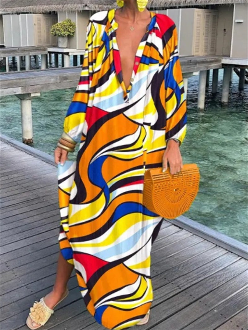 Printed Pullover Long Sleeve V-Neck Swing Loose Long Dress