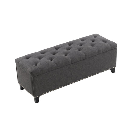 Dark Grey Linen Button-Tufted Storage Ottoman with Safety Close Hinge