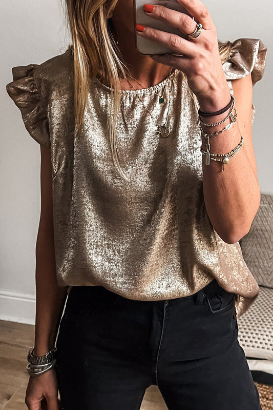 Gold Metallic Solid Color Ruffle Shoulder Blouse - Eloy Royal