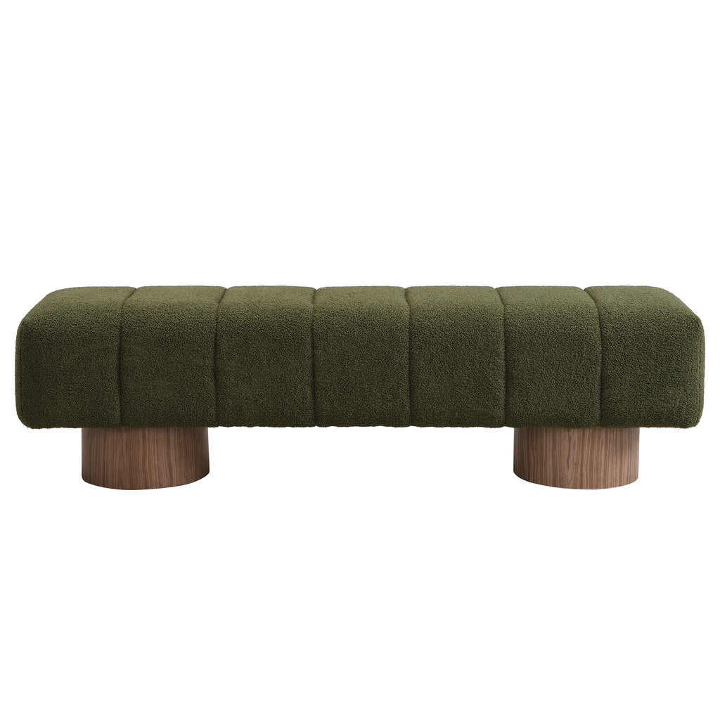 Upholstered Dining Bench for Dining Room, No-Assembly End of Bed Entryway Bench Ottoman for Bedroom Living Room, Green Boucle Fabric Stool Top Wood Leg 300 LBS Weight Capacity