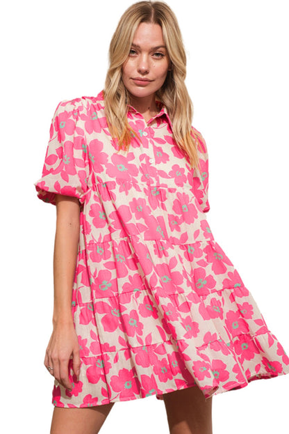 Pink Boho Floral Lantern Sleeve Flared Mini Dress - Eloy Royal