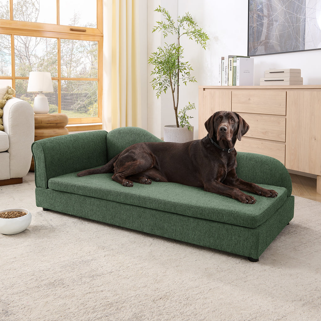 Oversized Pet Sofa for Medium/Large Dogs - Modern Irregular Wave Backrest, Single Armrest, Premium Breathable Linen Fabric, Soft Cushion & Low Plastic Feet-Olive Green