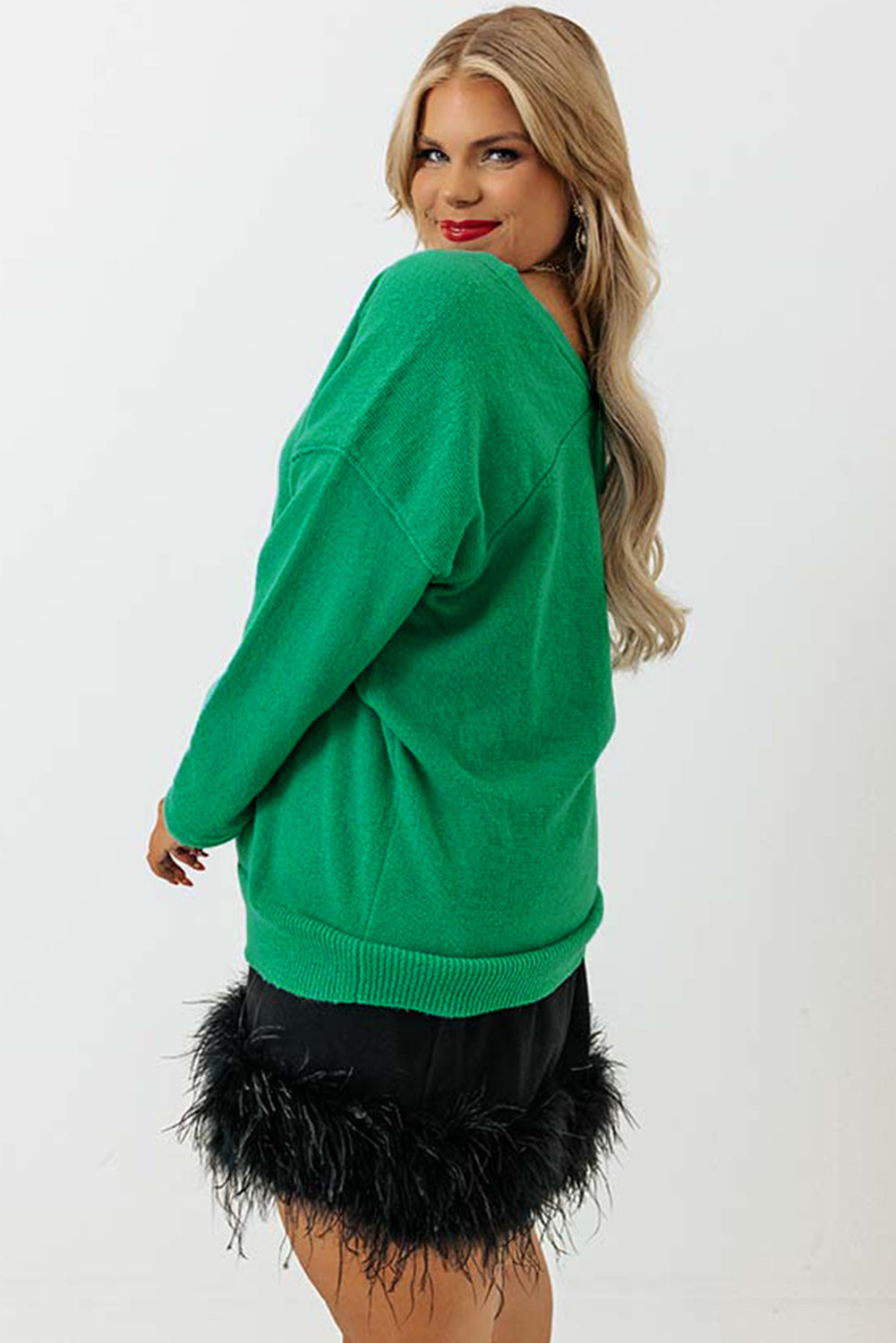 Green Plus Size Drop Shoulder V Neck Sweater - Eloy Royal