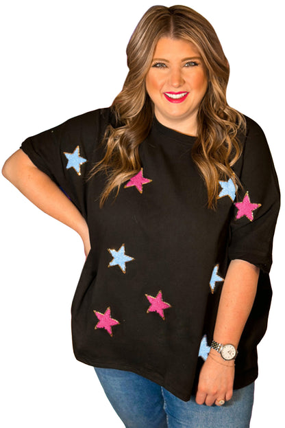 Wholesale Black Sequin Chenille Star Pattern Plus Size Tee - Eloy Royal