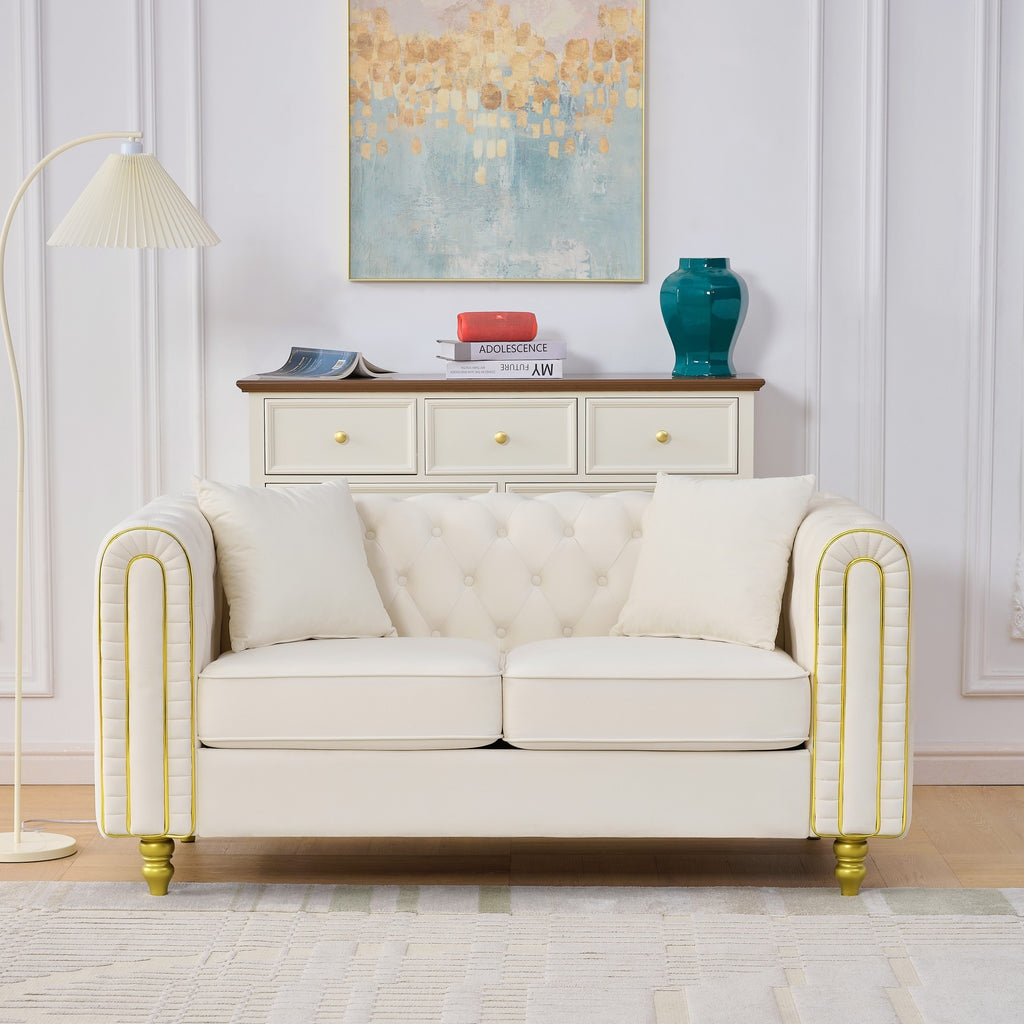 63' Modern Loveseat Sofa,2 Seater Couch Comfy Velvet Sofa Button Tufted Rolled Arms and Gold Legs,Chesterfield for Primary Living Space,Beige