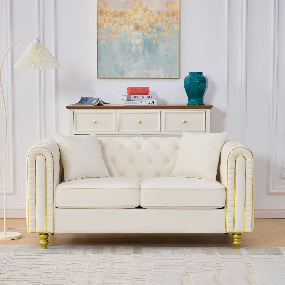 63' Modern Loveseat Sofa,2 Seater Couch Comfy Velvet Sofa Button Tufted Rolled Arms and Gold Legs,Chesterfield for Primary Living Space,Beige