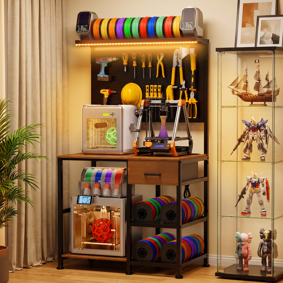 3D Printer Stand with Filament Storage Workstation, 3D Printer Workbench with Drawer, Charging Station and LED Lights, Large Printer Shelf with Pegboard and Hooks for Home Studio Garage