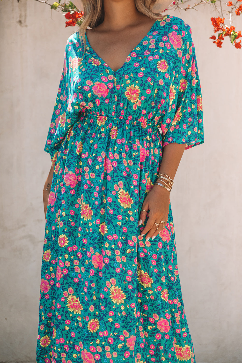 Floral Print Deep V Neck Flutter Sleeve Boho Maxi Dress - Eloy Royal