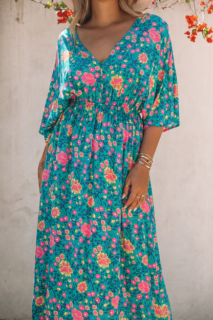 Floral Print Deep V Neck Flutter Sleeve Boho Maxi Dress - Eloy Royal