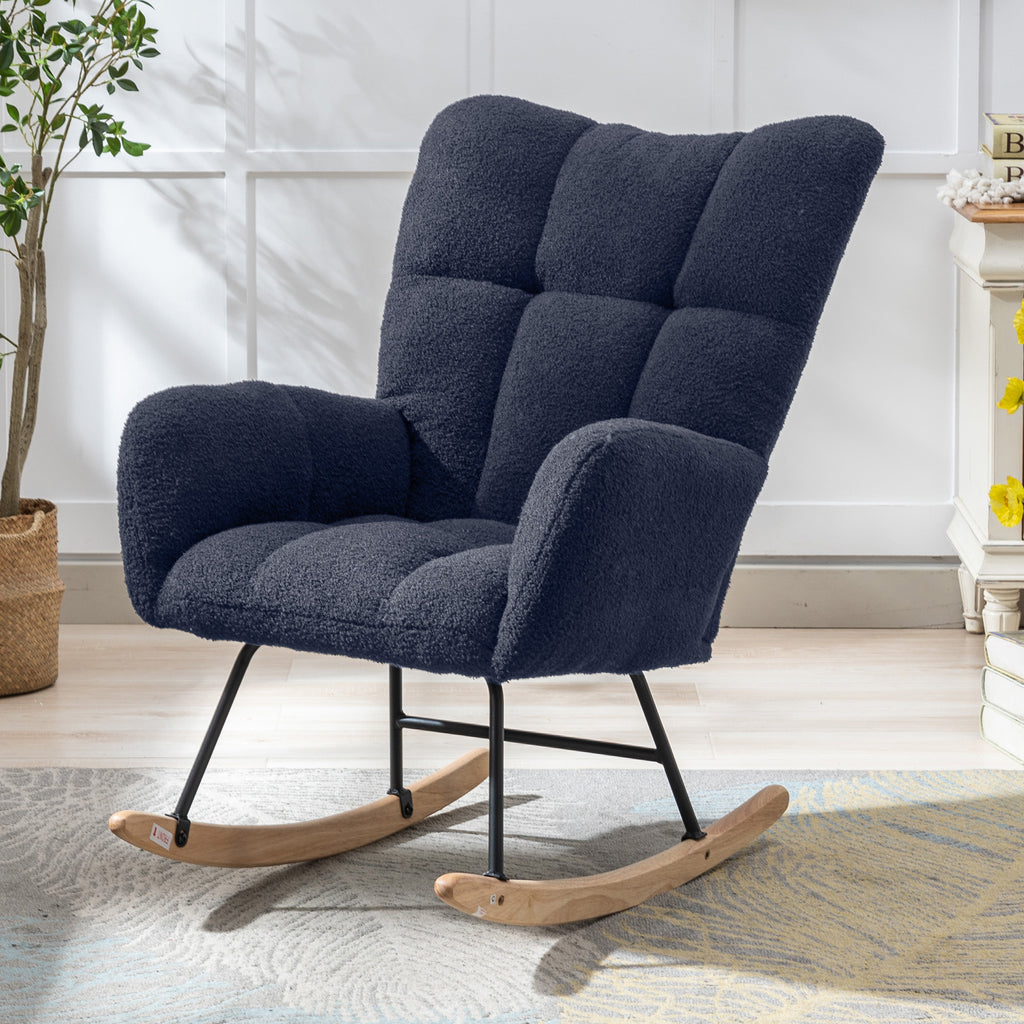 Dark Blue Teddy Fabric Wingback Glider Rocker with Side Storage Pocket, Soft Comfy Nursing Rocking Chair, Sturdy Safe Solid Wood Base, Multiuse Accent Chair for Nursery & Living Room.