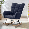 Dark Blue Teddy Fabric Wingback Glider Rocker with Side Storage Pocket, Soft Comfy Nursing Rocking Chair, Sturdy Safe Solid Wood Base, Multiuse Accent Chair for Nursery & Living Room.