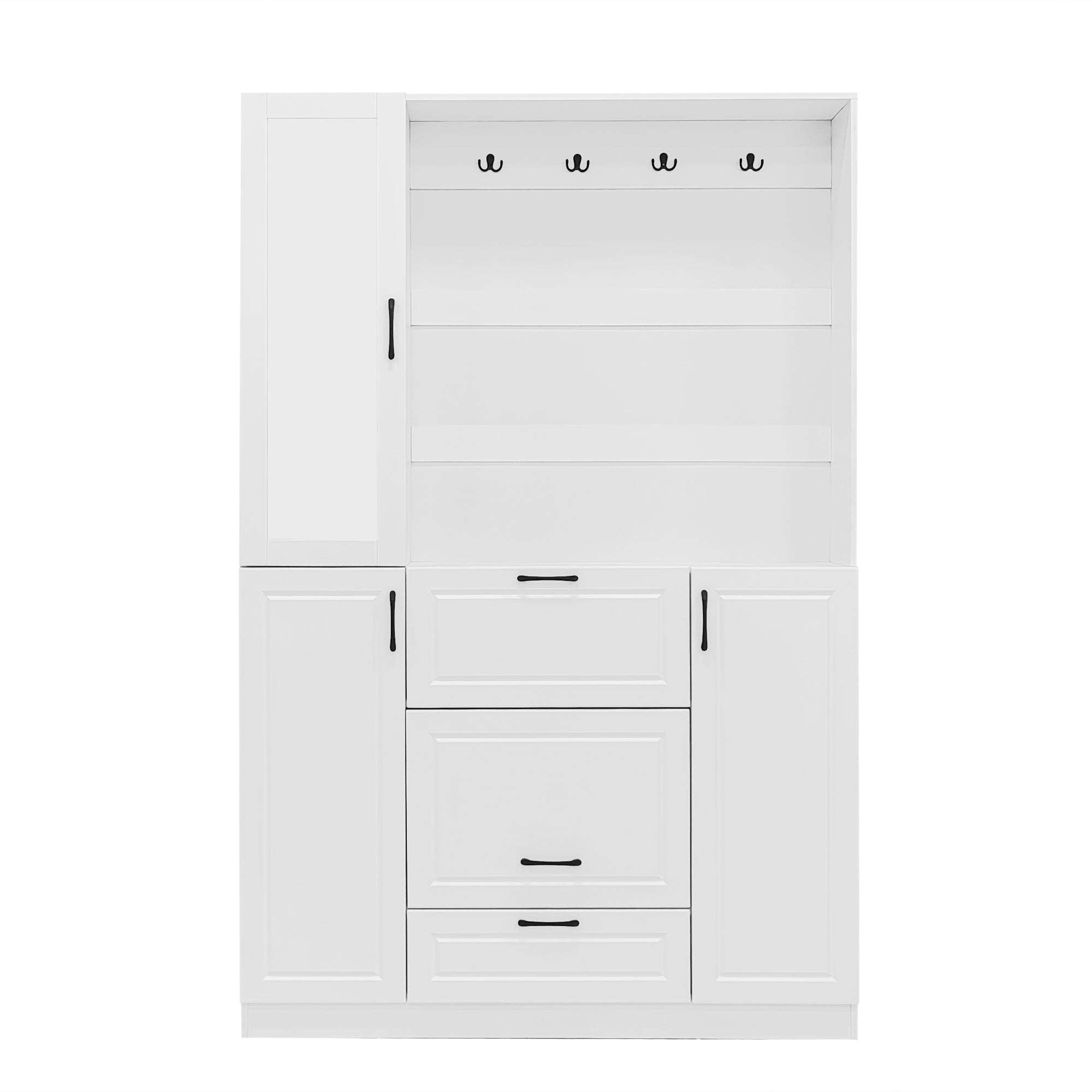 51.1'' Entryway Bench with Integrated Shoe Cabinet , 3-in-1 Design and Mirrored Cabinet Door, Hall Tree with 4 Sturdy Hooks and Foldable Seat for Entrance, Living Room