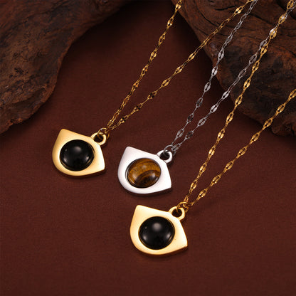 Vintage Natural Tiger-Eye Stone Necklace With Fish Mouth Design Fashion Pendant Clavicle Chain Women's Jewelry