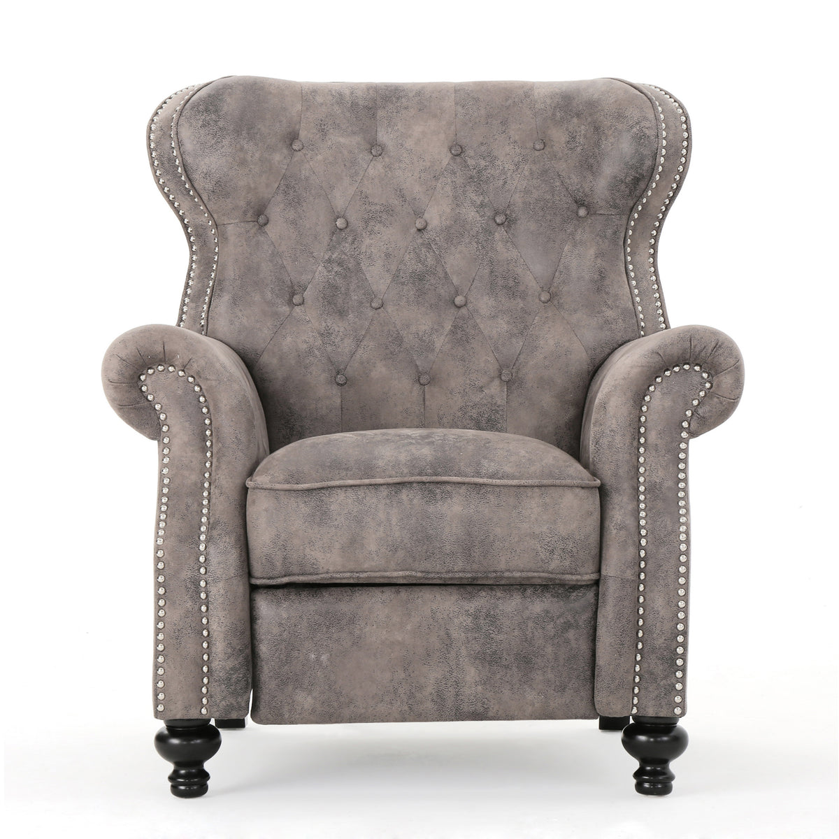 Modern Manual Push Back Recliner Chair in Brown Gray Microfiber with Rolled Arms, Nailhead Trim & Rubber Wood Legs, 3-Position Adjustable for Living Room, Bedroom, Home Theater