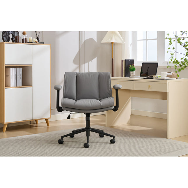 'with Flip-Up Armrests Leather, Cross Legged Office Chair on Wheels, Comfy Swivel Chair with Wide Seat for Home Office, Vanity,  Ergonomic Desk Chair Adjustable, GREY'