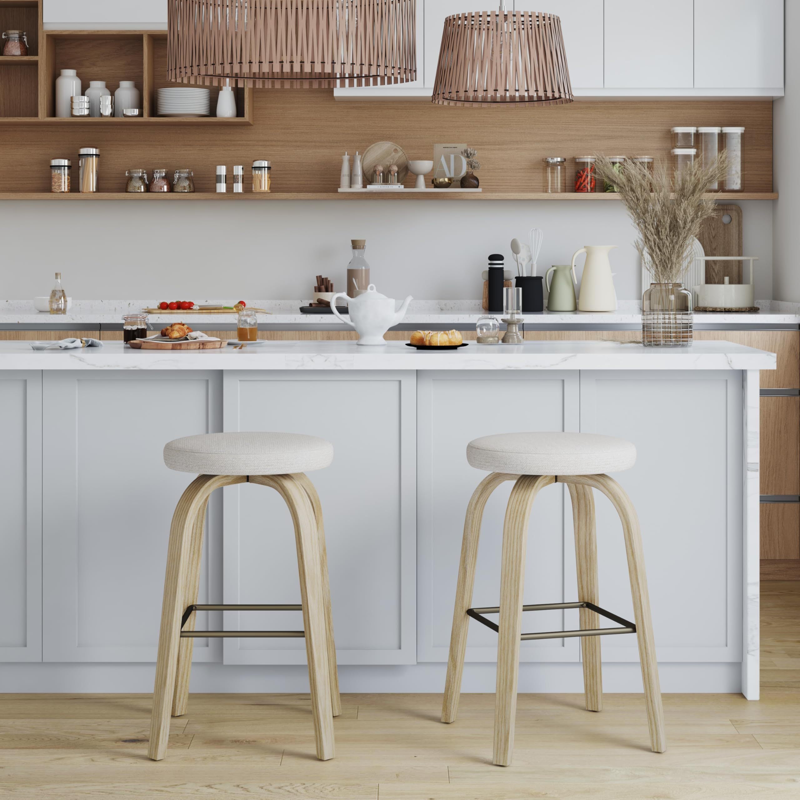 AILUNWALL Swivel Bar Stools Set of 2, Bar Height Backless 30″ Bar Stool, Fabric Upholstered Seat, Sturdy Wood Legs and Metal Footrest, Mid-Century Modern Island Stool for Home Bars, Restaurants, Beige