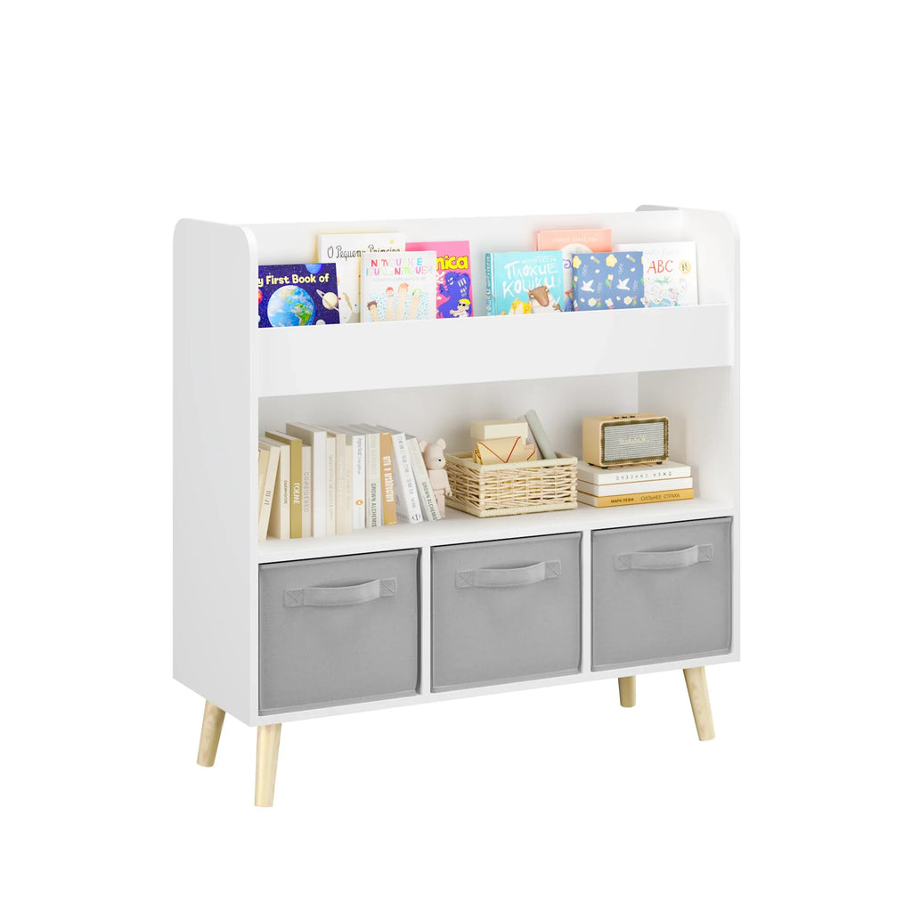 Modern Kids Bookshelf with 3 Fabric Bins, White and Gray Storage Shelf for Toys and Books, Ideal for Playroom, Bedroom, or Nursery - Eloy Royal