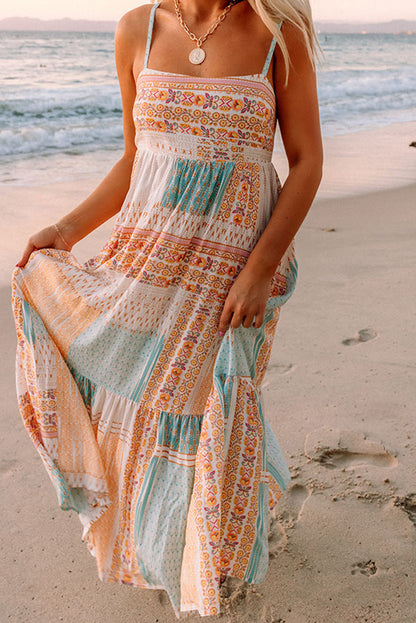 Multicolor Boho Patchwork Print Square Neck Sundress - Eloy Royal