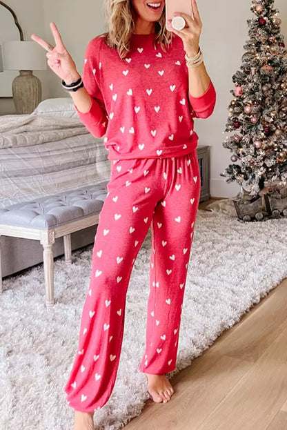 Red Heart Print Raglan Sleeve Top and Pants Set