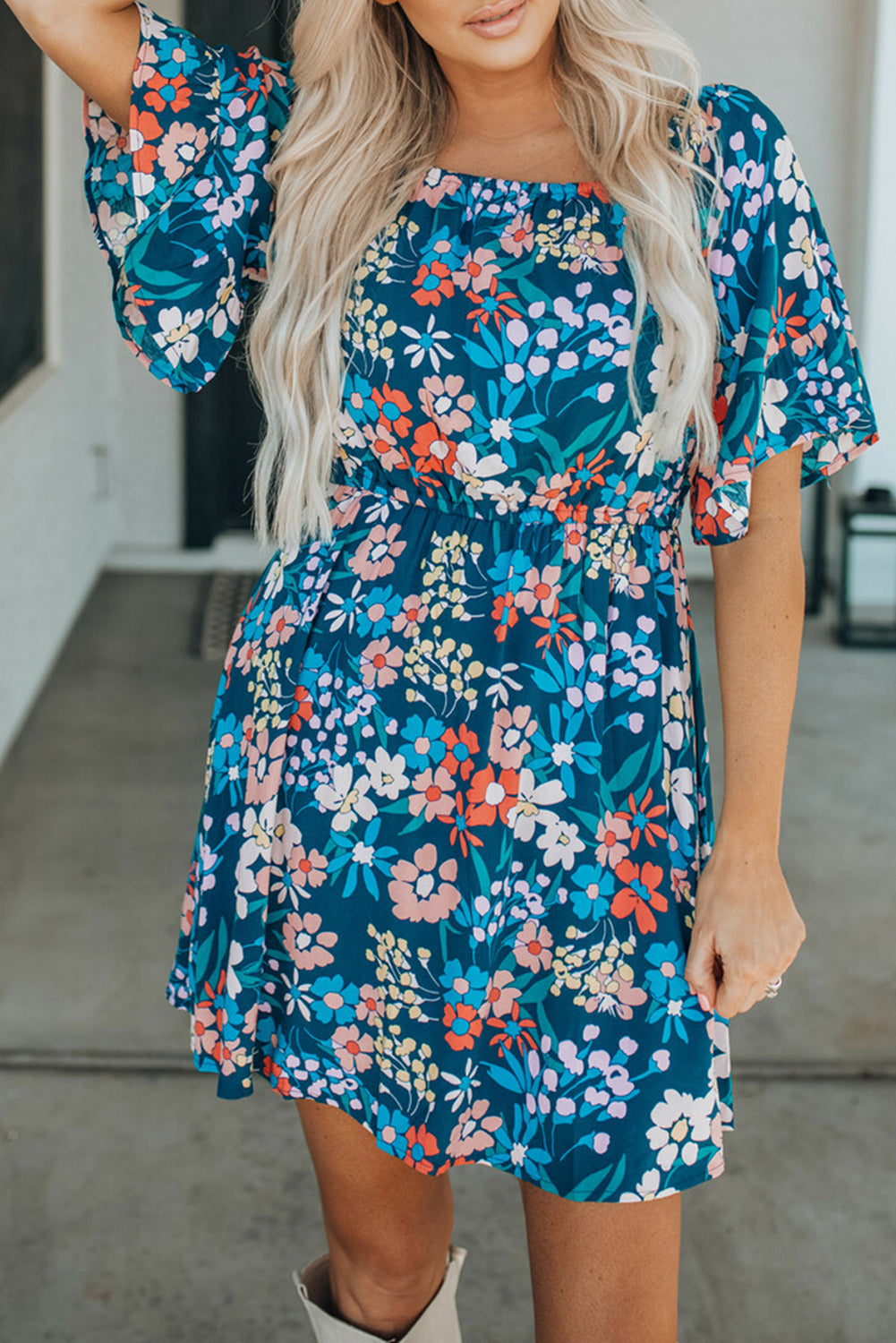 Dark Blue Bohemian Floral Print Off Shoulder Short Dress - Eloy Royal