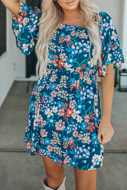 Dark Blue Bohemian Floral Print Off Shoulder Short Dress - Eloy Royal