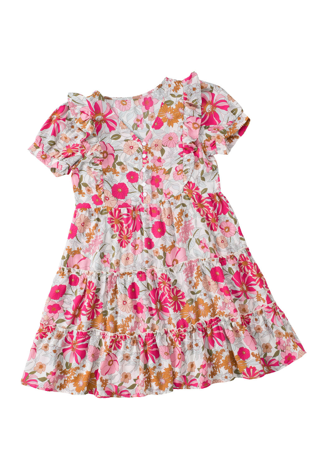 Multicolor Floral Print Patchwork Frill Tiered Shift Dress - Eloy Royal