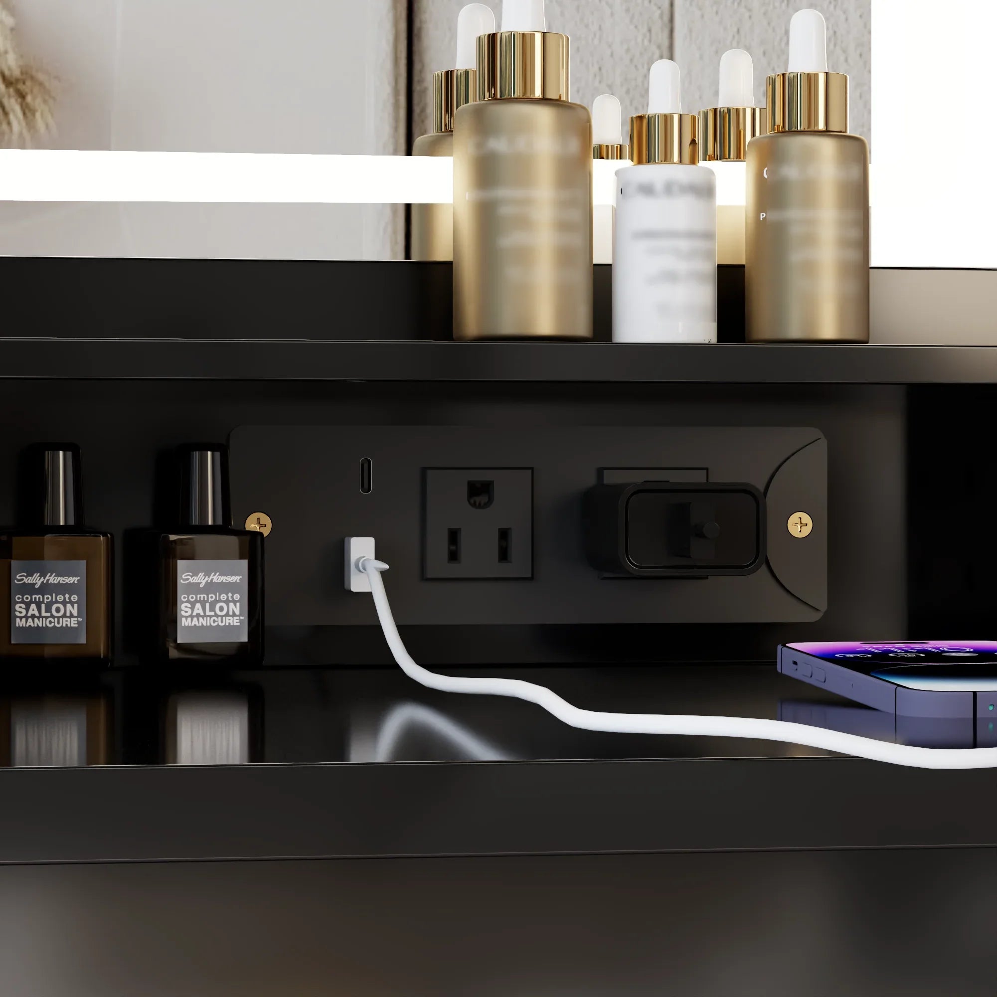 41' Large Size Left Drawer Desktop Vanity Table+Cushioned Stool Dresser Set, 2 AC+2 USB Power Station, Hair Dryer Stand, Extra Large Touch Control LED Mirror, 3-color Switch, EPA, GCC, UL Certificate - Eloy Royal