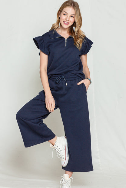 Navy Blue Textured Ruffle Cap Sleeve Top And Wide Leg Pants Set - Eloy Royal