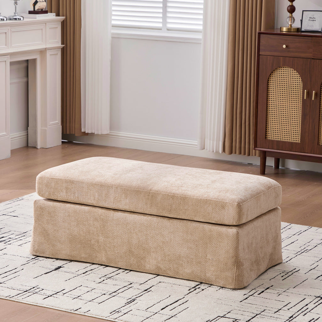 43.7' Wide Modern Upholstered Chenille Ottoman, Foot Stool Square Footrest with Black Metal Legs for Living Room Bedroom Entryway and Office, Wheat